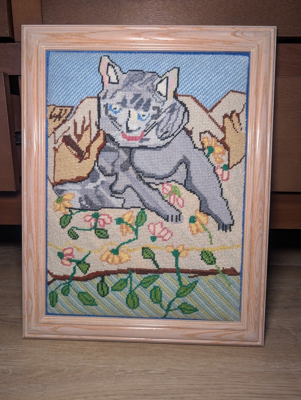 Vintage Hand Stitched Cat Cross Stitch Framed Wall Decor